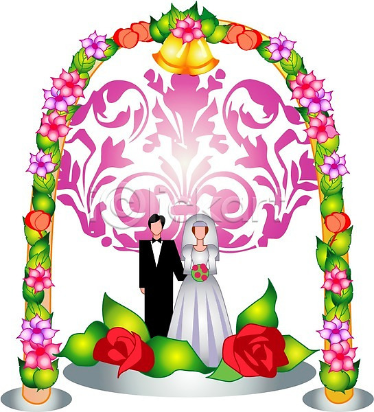 사랑 축복 축하 남자 두명 사람 여자 EPS 일러스트 결혼 결혼식 꽃 식물 신랑 신부(웨딩) 장식 종 클립아트