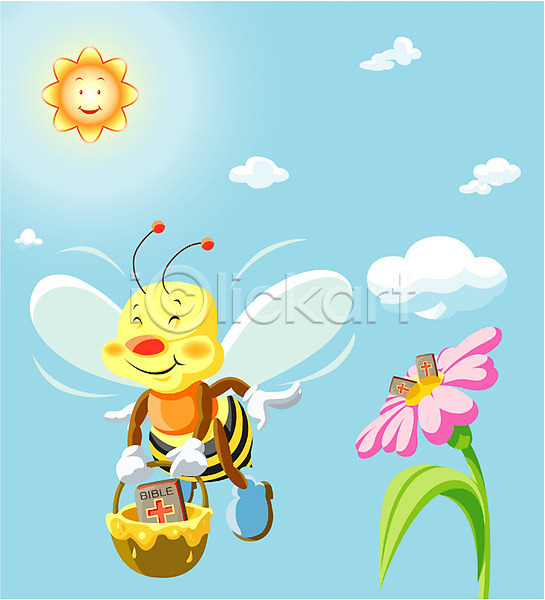사람없음 EPS 일러스트 곤충 기독교 꽃 꿀벌 벌(곤충) 성경 야외 절지류 종교 주간 태양 해