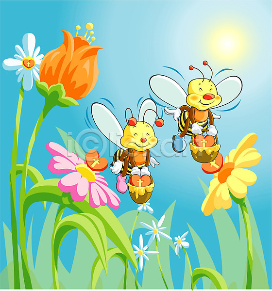 사랑 사람없음 EPS 일러스트 곤충 기독교 꽃 꿀벌 벌(곤충) 성경 십자가 야외 절지류 종교 주간 태양