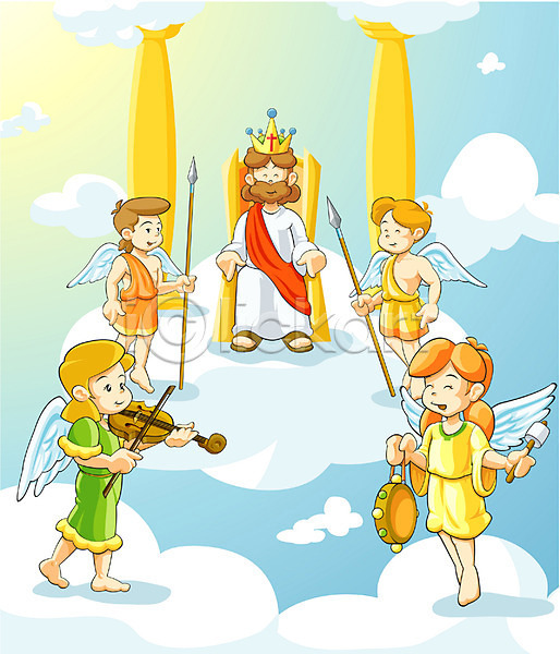 남자 사람 성인 소년 어린이 여러명 여자 EPS 일러스트 구름(자연) 기독교 기둥 예수 왕 왕관 의자 종교 종교캐릭터 천국 천사 캐릭터 하늘