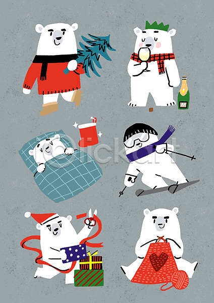 사람없음 PSD 일러스트 겨울 동물캐릭터 뜨개질 목도리 북극곰 산타모자 선물 스키 양말장식 여러마리 와인 크리스마스트리