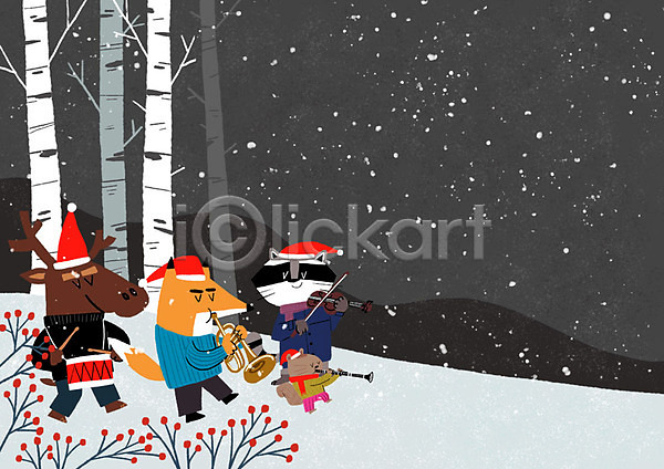 사람없음 PSD 일러스트 겨울 너구리 눈 다람쥐 동물캐릭터 드럼 바이올린 산타모자 순록 숲속 여러마리 여우 연주 크리스마스캐롤 클라리넷 트럼펫