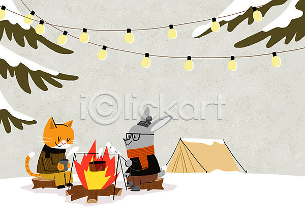 사람없음 PSD 일러스트 겨울 겨울옷 겨울캠프 고양이 나무 눈 동물캐릭터 두마리 모닥불 목도리 조명 캠핑 털모자 텐트 토끼