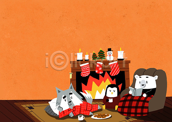 따뜻함 사람없음 PSD 일러스트 겨울 눈사람 눕기 늑대 독서 동물캐릭터 벽난로 북극곰 세마리 양말장식 집안 초 커피 쿠키 크리스마스트리 펭귄