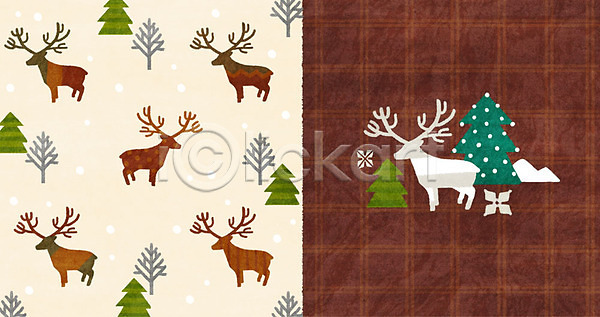 사람없음 PSD 일러스트 겨울 겨울배경 눈 사슴 아기자기 크리스마스트리 패턴 패턴백그라운드
