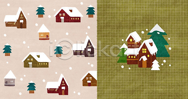 사람없음 PSD 일러스트 겨울 겨울배경 나무 눈 아기자기 주택 패턴 패턴백그라운드