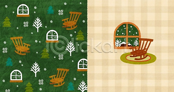 사람없음 PSD 일러스트 겨울 겨울배경 나무 눈 아기자기 창문 체크무늬 패턴 패턴백그라운드 흔들의자