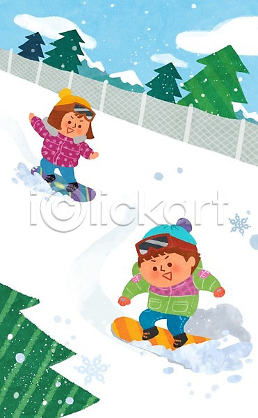 남자 두명 어린이 여자 PSD 일러스트 겨울 구름(자연) 나무 눈 레포츠 스노우보드 스키장 전신 하늘