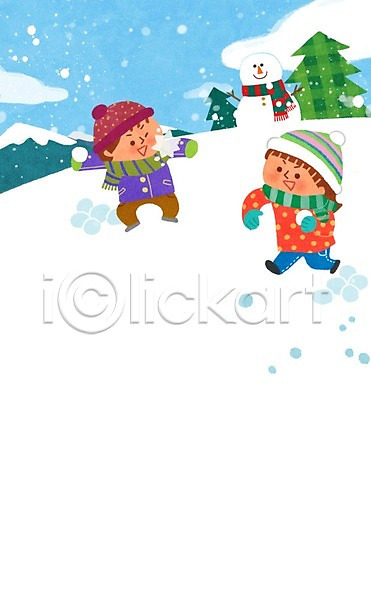 남자 두명 어린이 여자 PSD 일러스트 겨울 구름(자연) 나무 눈 눈사람 눈싸움 레포츠 목도리 산 전신 하늘