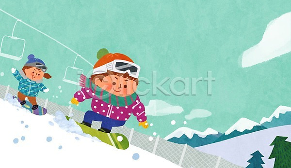 남자 두명 어린이 여자 PSD 일러스트 겨울 구름(자연) 나무 눈 레포츠 리프트 산 스노우보드 스키장 전신 하늘