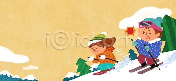 남자 두명 성인 여자 PSD 일러스트 겨울 구름(자연) 나무 레포츠 산 속도 스키 스키장 전신 피해 하늘