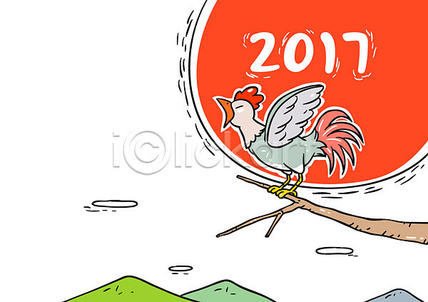 사람없음 AI(파일형식) 일러스트 2017년 나뭇가지 닭 새해 정유년(2017년) 태양 한마리