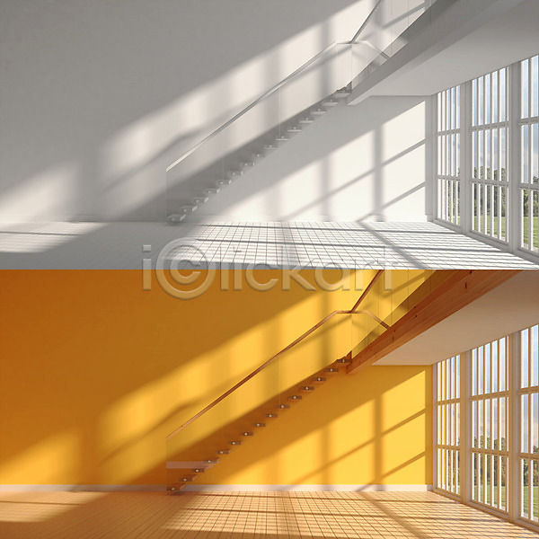비교 사람없음 3D PSD 디지털합성 편집이미지 거실 계단 공간 그래픽 노란색 디지털아트 벽 벽지 복층 비어있는 인테리어 창문