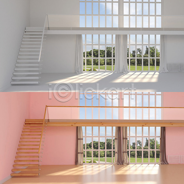 비교 사람없음 3D PSD 디지털합성 편집이미지 거실 계단 공간 그래픽 디지털아트 라디에이터 복층 인테리어 창문 커튼