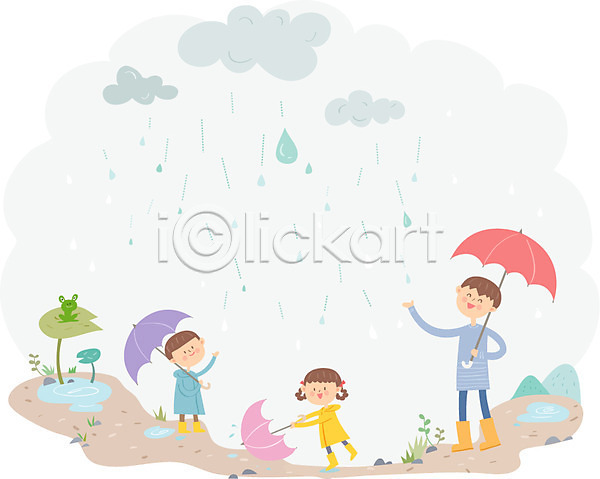 남자 성인 세명 어린이 여자 AI(파일형식) 일러스트 개구리 날씨 먹구름 비(날씨) 우비 우산 웅덩이 장화 전신 흐림