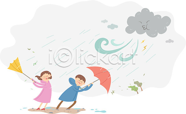 남자 두명 성인 여자 AI(파일형식) 일러스트 날씨 바람 비(날씨) 비구름 우비 우산 전신 태풍
