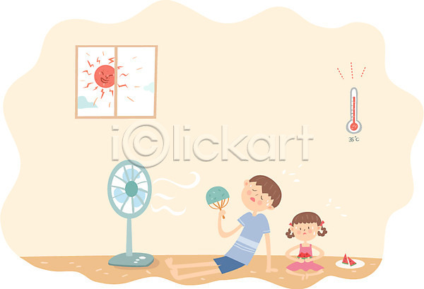 남자 두명 성인 어린이 여자 AI(파일형식) 일러스트 날씨 더위 부채 선풍기 수박 실내 앉기 여름(계절) 여름음식 온도계 전신 제철과일 제철음식 창문 체온계