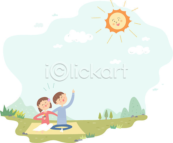남자 두명 성인 여자 AI(파일형식) 일러스트 날씨 돗자리 맑음 소풍 앉기 야외 전신 커플 태양