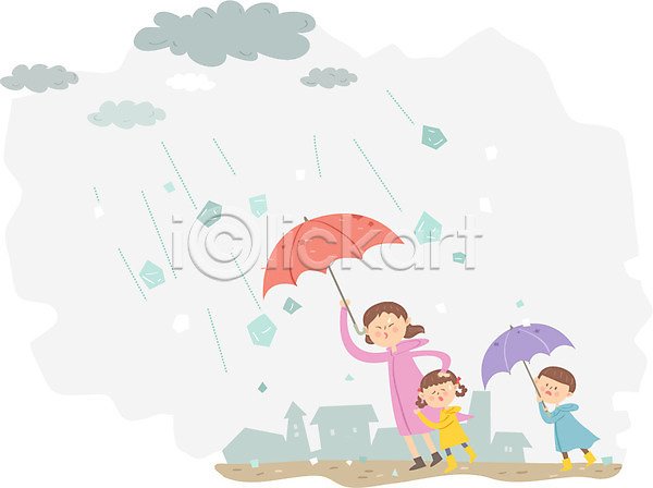 남자 성인 세명 어린이 여자 AI(파일형식) 일러스트 날씨 먹구름 우박 우비 우산 전신