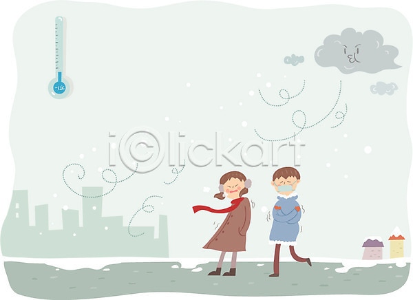추위 남자 두명 성인 여자 AI(파일형식) 일러스트 겨울 귀마개 날씨 눈 먹구름 목도리 바람 온도계 전신 체온계 코트