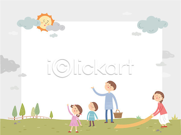 남자 성인 어린이 여러명 여자 AI(파일형식) 일러스트 가족 날씨 돗자리 먹구름 소풍 야외 전신 초원(자연) 태양 프레임 흐림