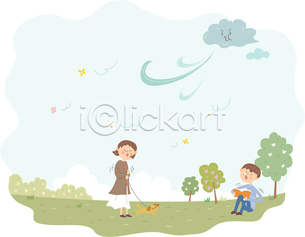 산책 추위 남자 두명 성인 여자 AI(파일형식) 일러스트 강아지 구름(자연) 날씨 독서 바람 벚꽃 봄 서기 앉기 전신