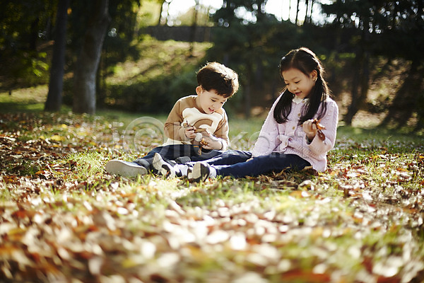 남자 두명 어린이 어린이만 여자 한국인 JPG 앞모습 포토 낙엽 남매 놀이 숲 앉기 야외 어린이라이프 웃음 장난 전신 주간