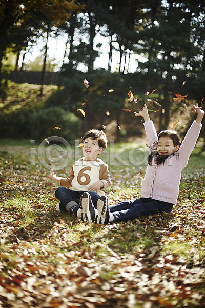 남자 두명 어린이 어린이만 여자 한국인 JPG 앞모습 포토 낙엽 남매 놀이 던지기 숲 앉기 야외 어린이라이프 웃음 장난 전신 주간