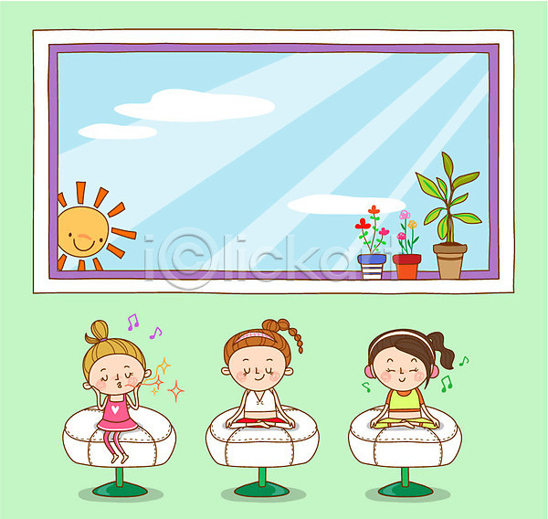 변화 성인 세명 여자 AI(파일형식) 일러스트 관리 명상 뷰티 식물 앉기 음악감상 자기관리 전신 창문 태양 화분