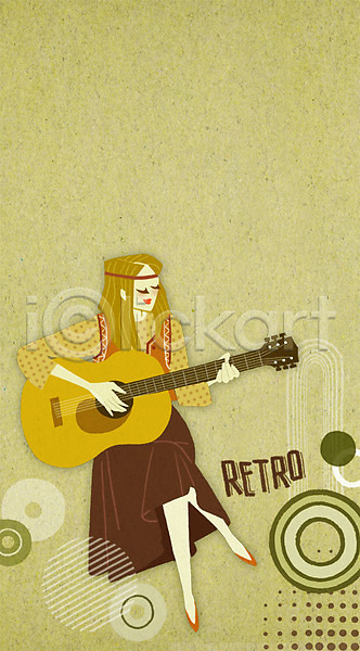 추억(회상) 성인 여자 한명 PSD 일러스트 기타 백그라운드 복고 연주 음악 전신 패션