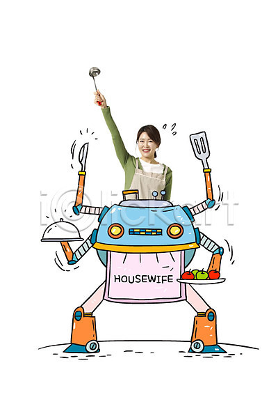 미래 40대 성인 여자 한국인 한명 AI(파일형식) 편집이미지 포토일러 4차산업 국자 나이프 뒤집개 로봇 미래산업 사과(과일) 상반신 웃음 접시 주부