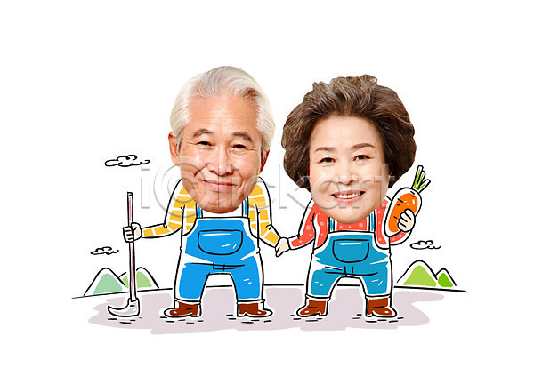 60대 남자 노년 두명 여자 한국인 AI(파일형식) 편집이미지 포토일러 귀농 노부부 농기구 농사 당근 실버라이프 웃음