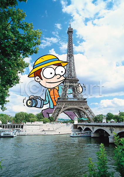남자 성인 여러명 AI(파일형식) 편집이미지 포토일러 강 관광지 구름(자연) 나무 다리(건축물) 에펠탑 여행 유람선 유럽여행(여행) 카메라 프랑스 하늘