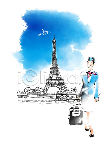 성인 여자 한명 PSD 일러스트 서기 승무원 에펠탑 여행 유니폼 전신 직업 캐리어 캘리그라피