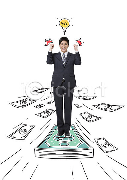 20대 남자 성인 일본인 한명 AI(파일형식) 편집이미지 포토일러 금융 달러 비즈니스라이프 비즈니스맨 서기 웃음 전구 전신 지폐 파이팅