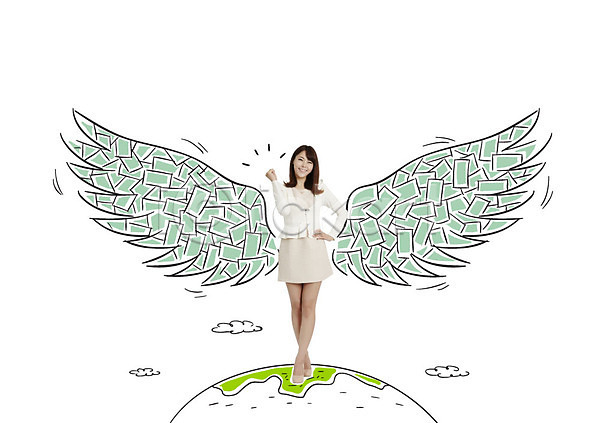 20대 성인 여자 한국인 한명 AI(파일형식) 편집이미지 포토일러 금융 날개(비행) 비즈니스라이프 비즈니스우먼 서기 웃음 전신 지구 지폐 파이팅 허리손