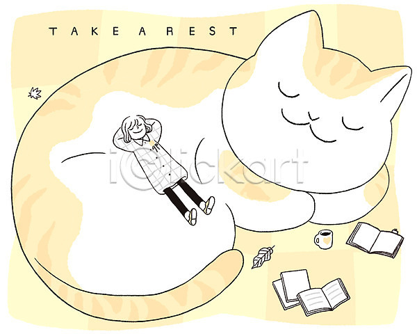 휴식 성인 여자 한명 PSD 일러스트 프레임일러스트 가을(계절) 고양이 낙엽 눕기 독서 전신 책 커피 프레임 한마리