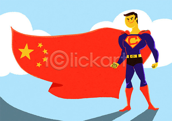 남자 성인 중국인 한명 PSD 일러스트 구름(자연) 망토 슈퍼맨 오성홍기 전신 중국 하늘
