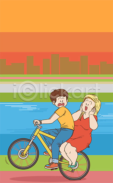 남자 두명 성인 여자 PSD 일러스트 강가 건물 다이어트 비만 승차 자전거 전신