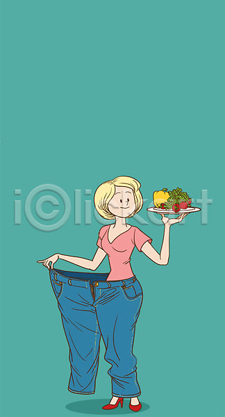 성인 여자 한명 PSD 일러스트 과일 다이어트 마른 비만 식이조절 전신 채소 청바지