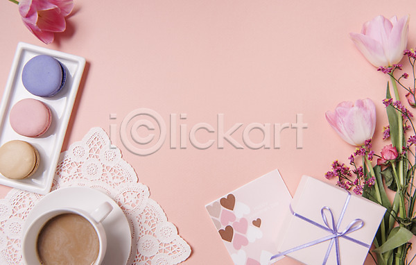 티타임 사람없음 JPG 포토 꽃 마카롱 백그라운드 분홍색 선물 커피 튤립 파스텔 프레임 하트