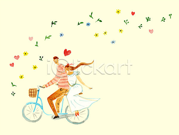 사랑 남자 두명 여자 PSD 일러스트 꽃 자전거 전신 커플 하트