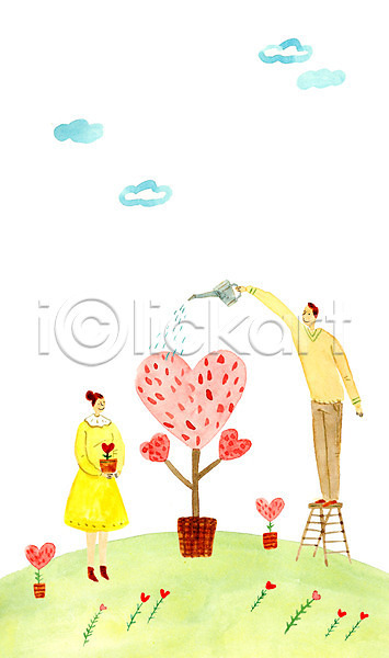 사랑 남자 두명 여자 PSD 일러스트 구름(자연) 물뿌리개 전신 커플 하트 하트꽃 화분