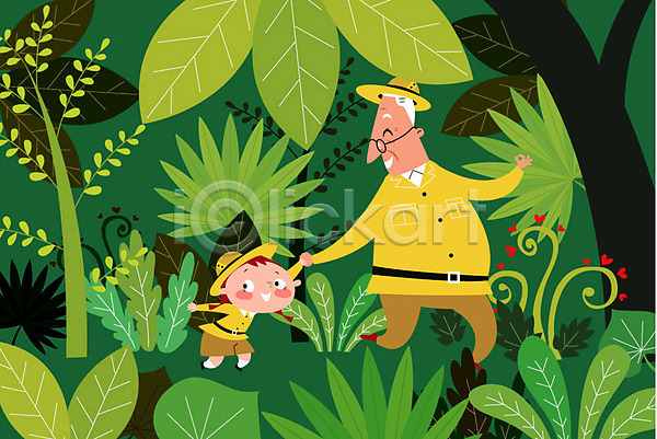 상상 즐거움 남자 노년 두명 어린이 여자 AI(파일형식) 일러스트 나무 나뭇잎 모자(잡화) 손녀 숲속 식물 실버라이프 여행 열대우림 전신 탐험 할아버지