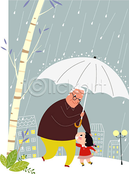 남자 노년 두명 어린이 여자 AI(파일형식) 일러스트 가로등 건물 나무 비 손녀 실버라이프 야외 우산 전신 할아버지