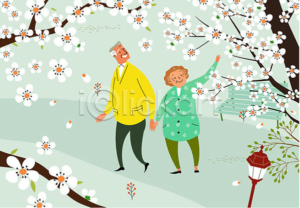 산책 남자 노년 두명 여자 AI(파일형식) 일러스트 가로등 구경 꽃구경 나무 노부부 벚꽃축제 벤치 소풍 실버라이프 전신 할머니 할아버지