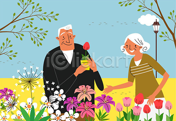 여유 남자 노년 두명 여자 AI(파일형식) 일러스트 가로등 구름(자연) 꽃 나리꽃 나무 노부부 상반신 실버라이프 정원 튤립 할머니 할아버지 화분