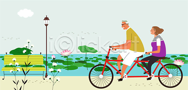 산책 여유 남자 노년 두명 여자 AI(파일형식) 일러스트 공원 구름(자연) 노부부 벤치 실버라이프 연꽃(꽃) 연잎 운동 전신 커플자전거 할머니 할아버지 호수