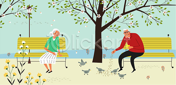 산책 여유 휴식 남자 노년 두명 여자 AI(파일형식) 일러스트 가로등 공원 꽃 나무 먹이 벤치 비둘기 실버라이프 전신 할머니 할아버지