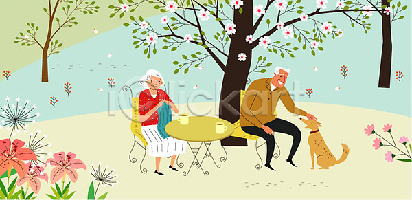 여유 휴식 남자 노년 두명 여자 AI(파일형식) 일러스트 개 꽃 나무 노부부 뜨개질 반려 반려견 실버라이프 의자 전신 커피 탁자 한가함 할머니 할아버지